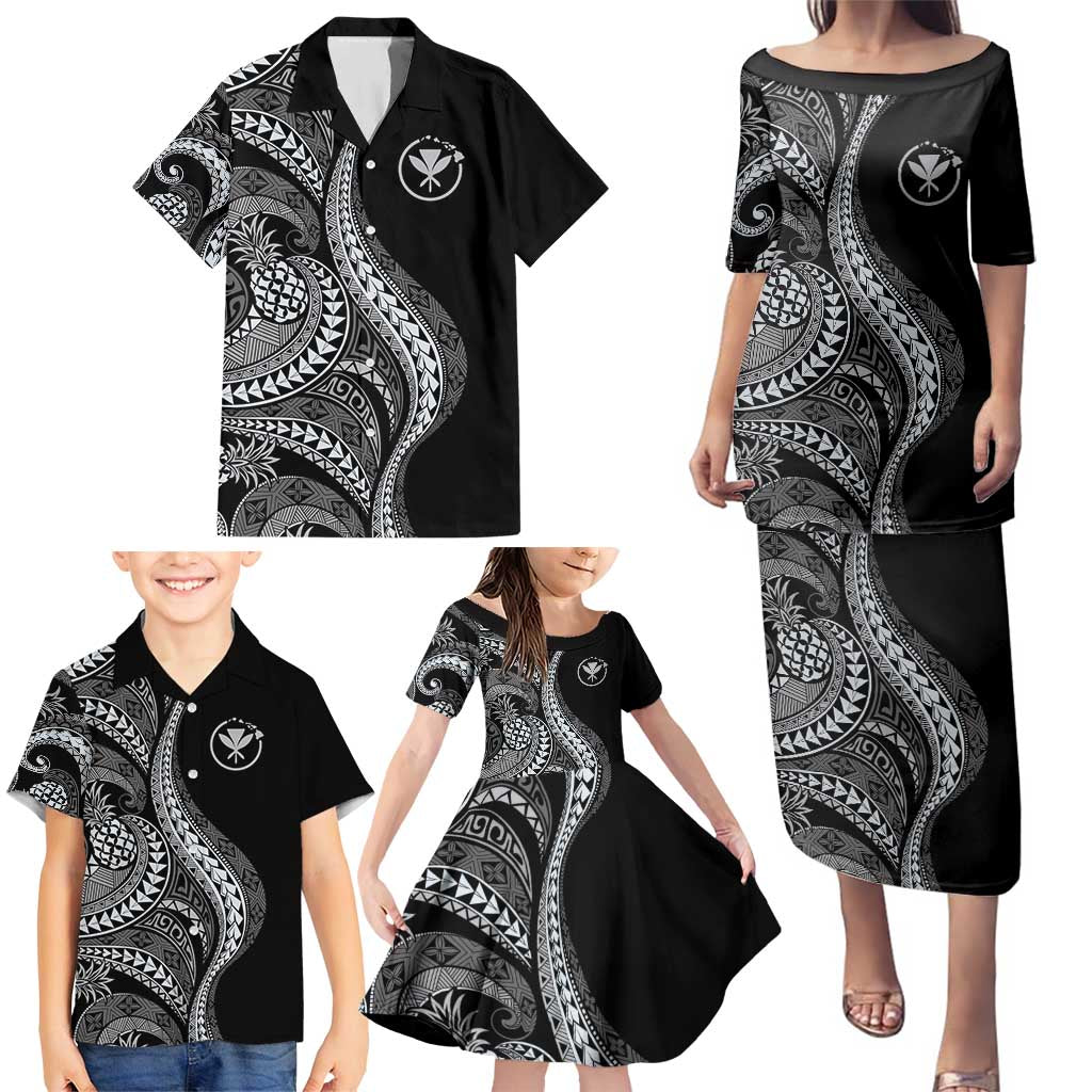 Hawaii Pineapple Gray Scale Tribal Pattern Family Matching Puletasi and Hawaiian Shirt LT01 - Polynesian Pride