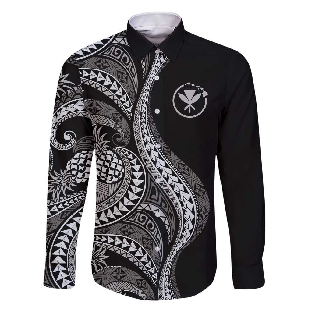 Hawaii Pineapple Gray Scale Tribal Pattern Family Matching Short Sleeve Bodycon Dress and Hawaiian Shirt - Polynesian Pride