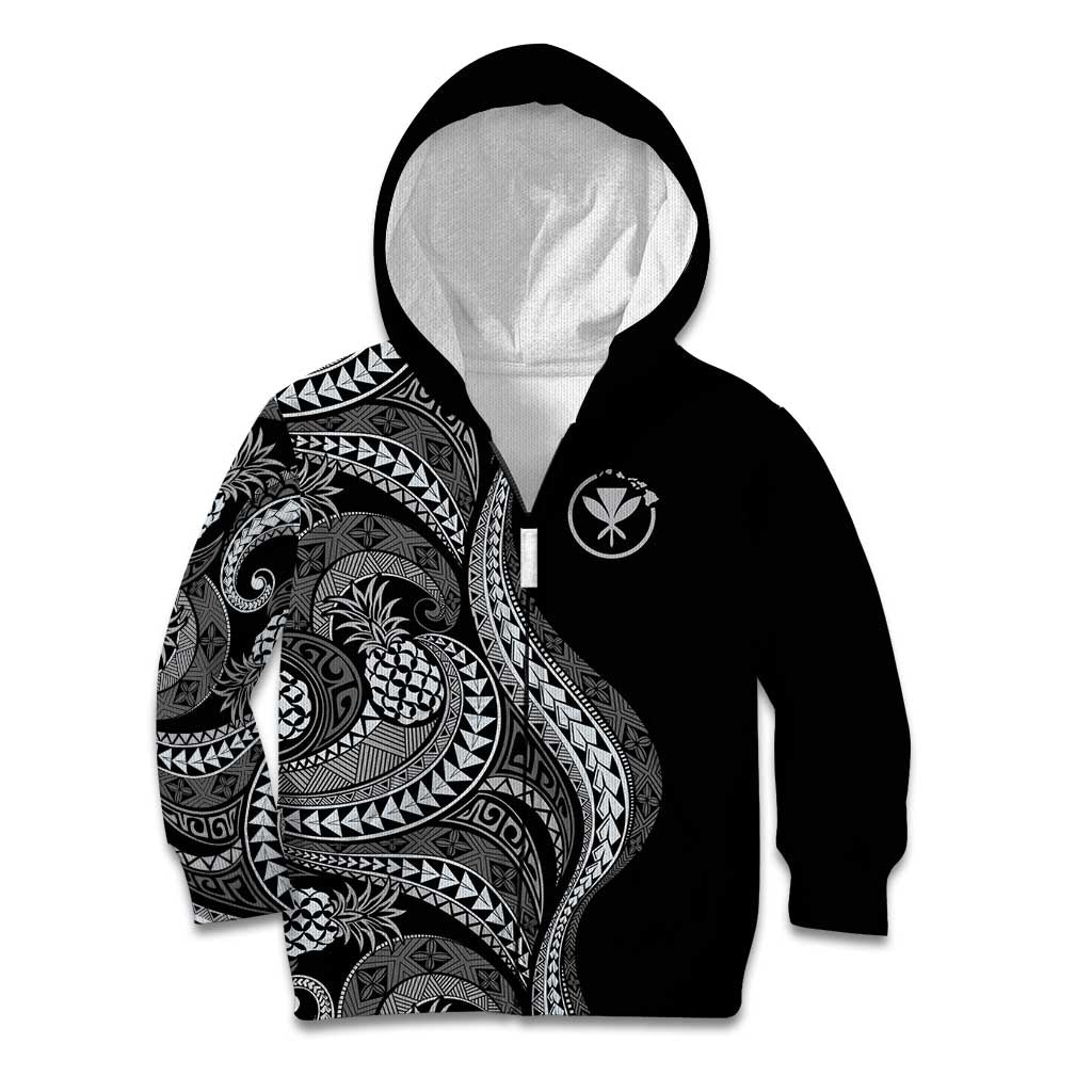 Hawaii Pineapple Gray Scale Tribal Pattern Kid Hoodie LT01 Zip Hoodie Black - Polynesian Pride