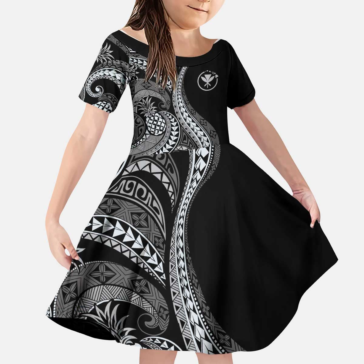 Hawaii Pineapple Gray Scale Tribal Pattern Kid Short Sleeve Dress - Polynesian Pride