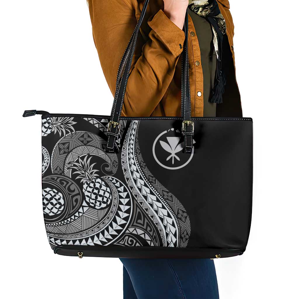 Hawaii Pineapple Gray Scale Tribal Pattern Leather Tote Bag LT01 - Polynesian Pride