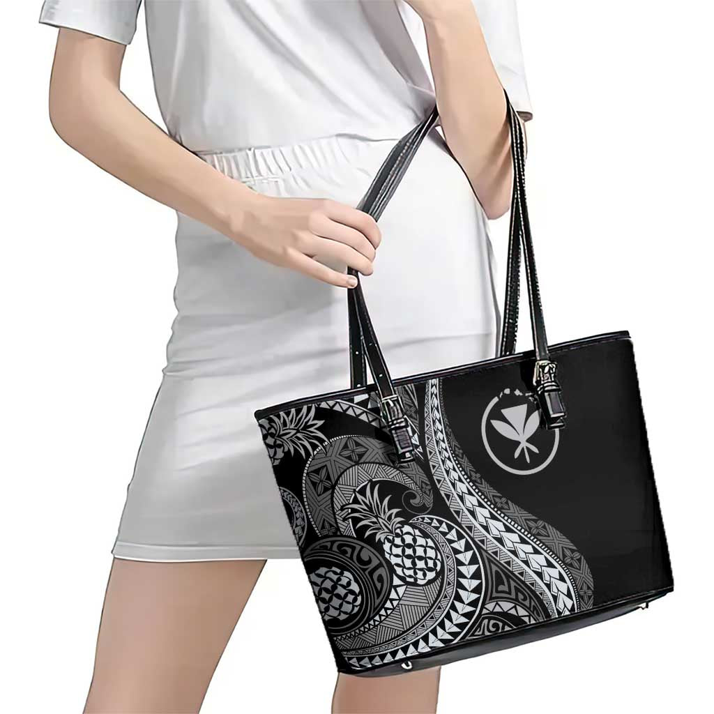 Hawaii Pineapple Gray Scale Tribal Pattern Leather Tote Bag LT01 - Polynesian Pride