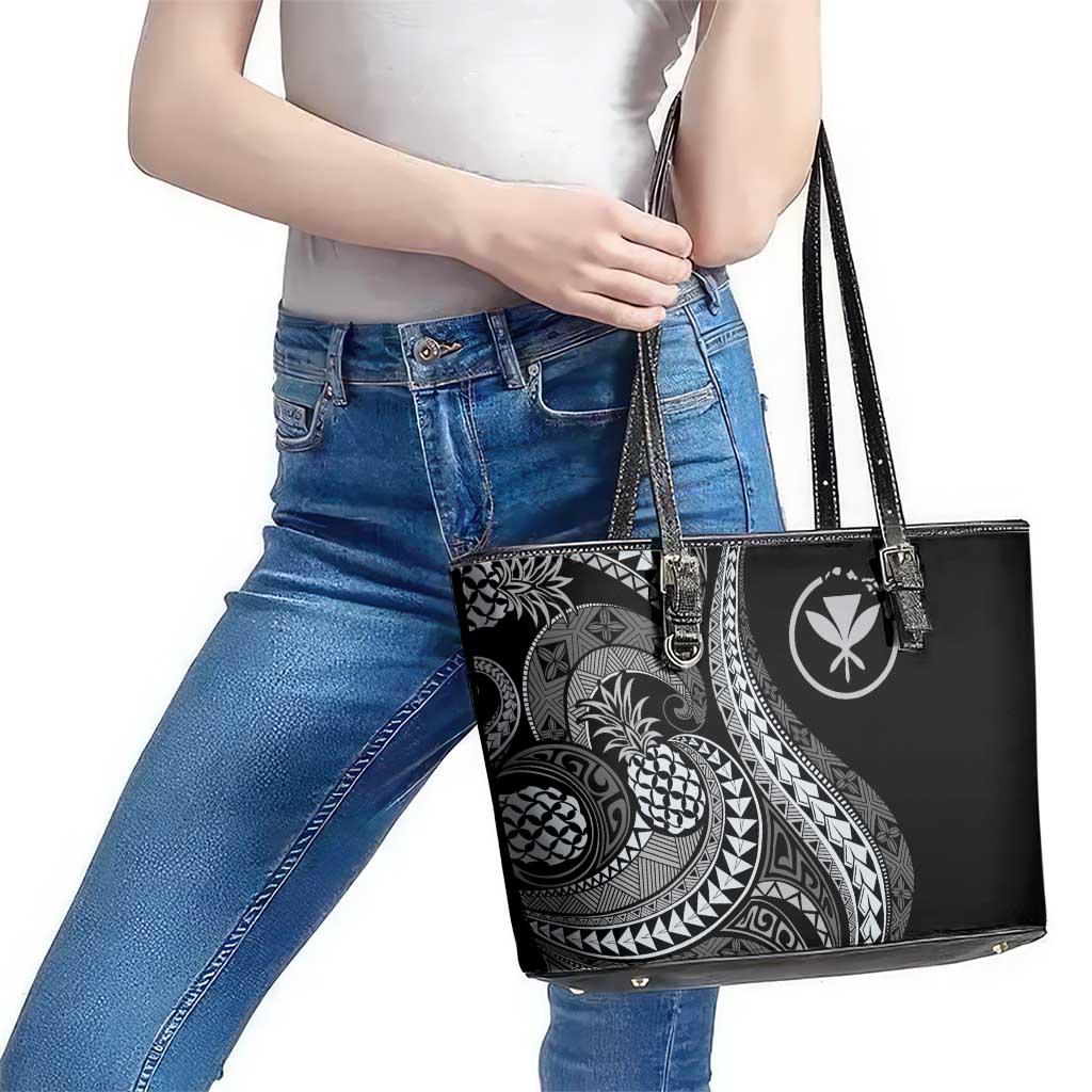 Hawaii Pineapple Gray Scale Tribal Pattern Leather Tote Bag LT01 - Polynesian Pride