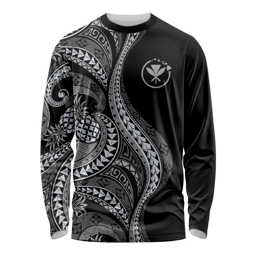 Hawaii Pineapple Gray Scale Tribal Pattern Long Sleeve Shirt - Polynesian Pride