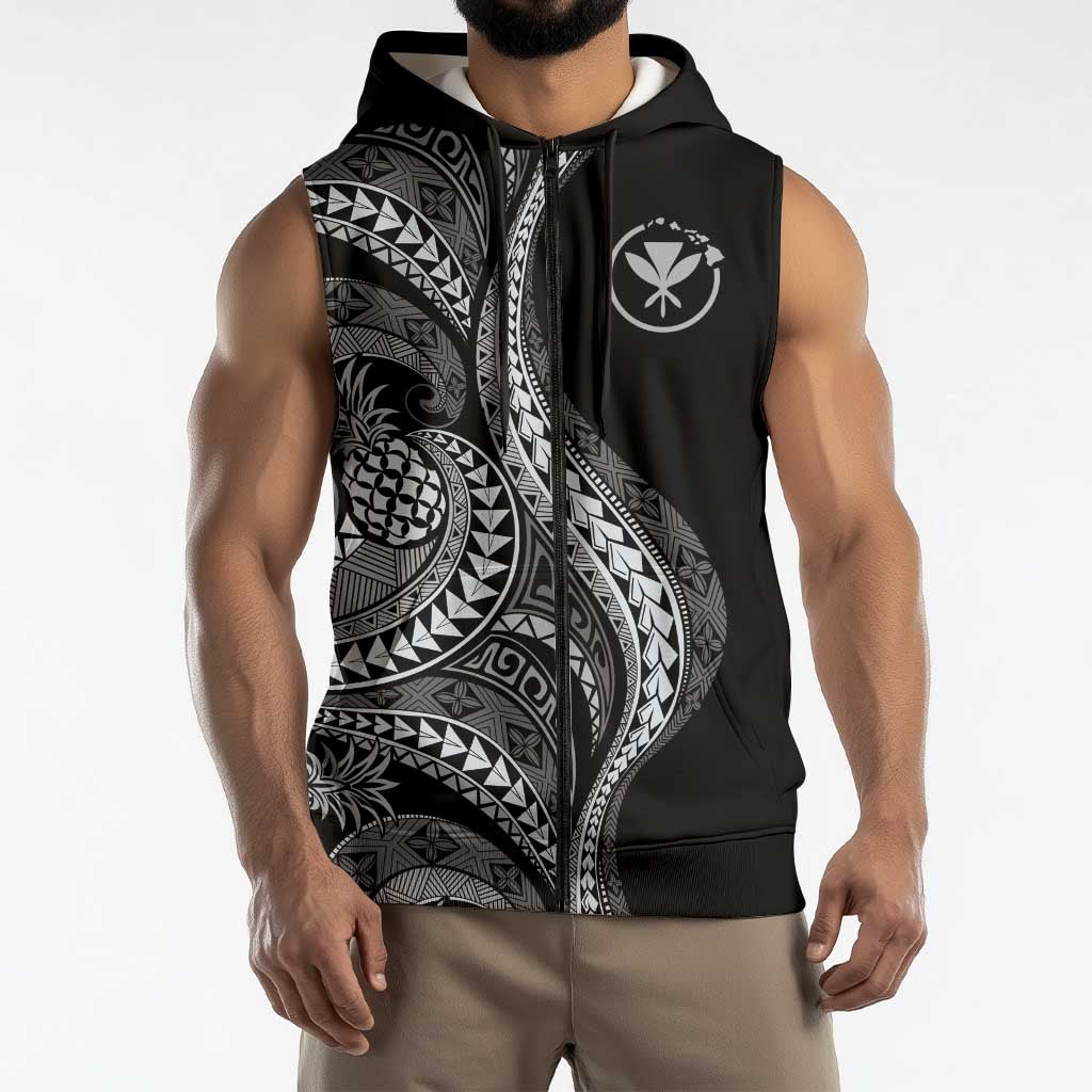 Hawaii Pineapple Gray Scale Tribal Pattern Sleeveless Zip Hoodie - Polynesian Pride