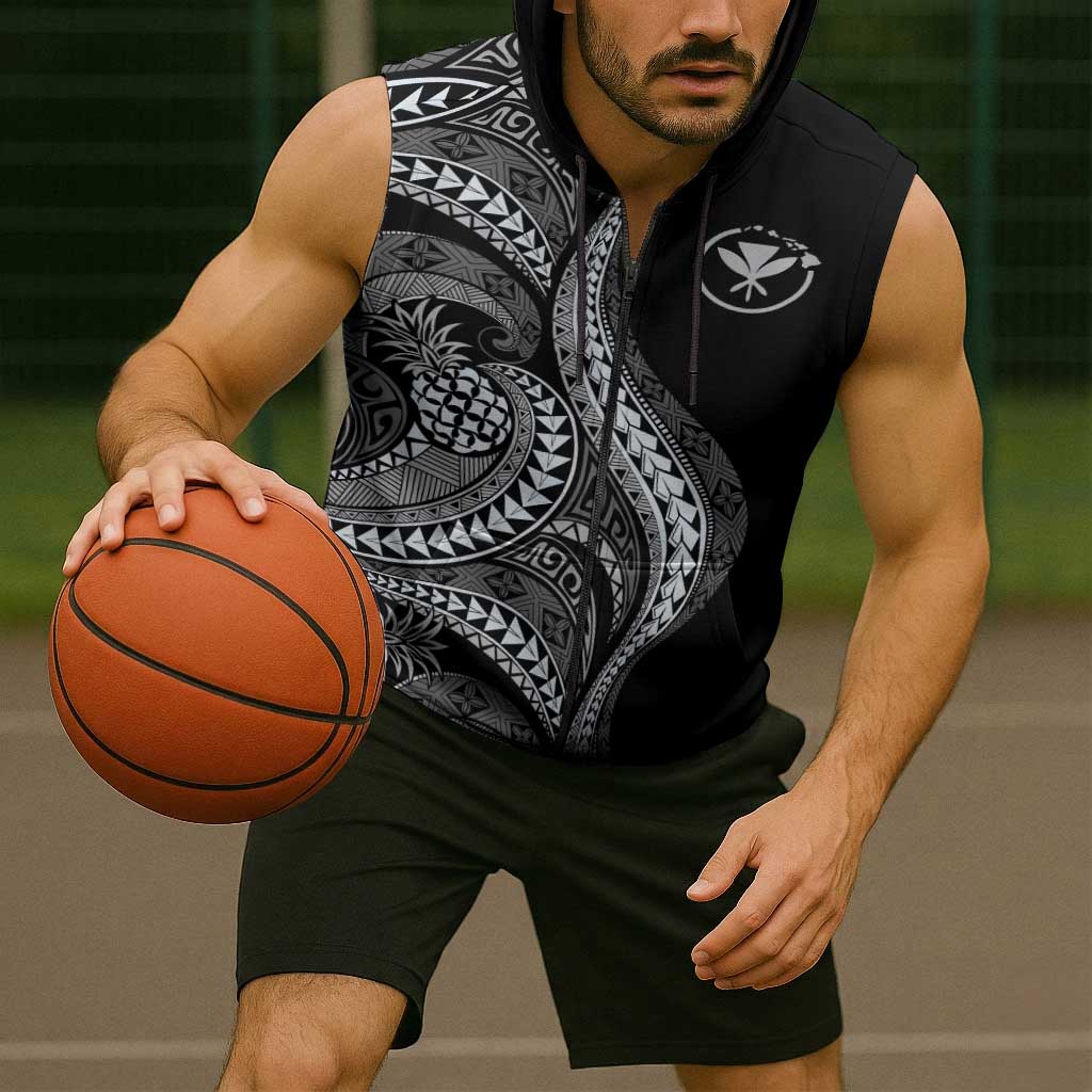 Hawaii Pineapple Gray Scale Tribal Pattern Sleeveless Zip Hoodie - Polynesian Pride