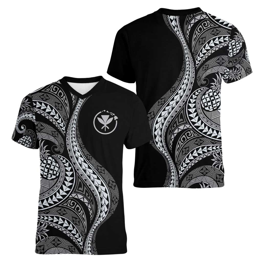 Hawaii Pineapple Gray Scale Tribal Pattern Women V-Neck T-Shirt - Polynesian Pride