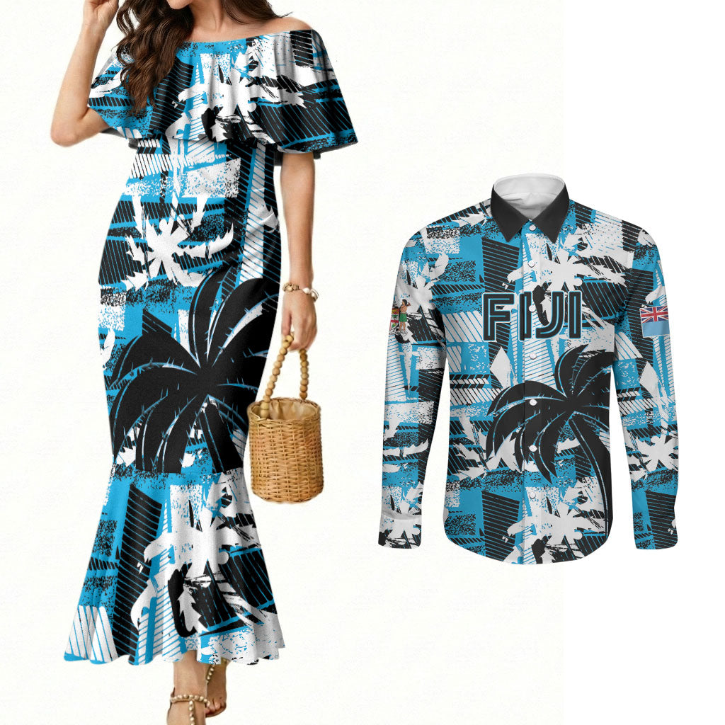 Custom Fijian Rugby Couples Matching Mermaid Dress and Long Sleeve Button Shirt Grunge Palm Stylized