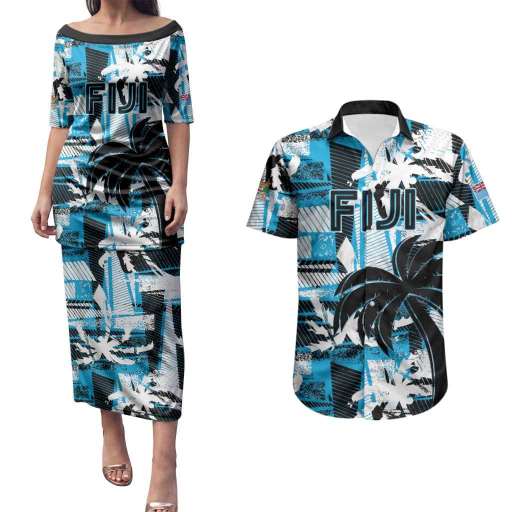 Custom Fijian Rugby Couples Matching Puletasi and Hawaiian Shirt Grunge Palm Stylized LT01 Blue - Polynesian Pride