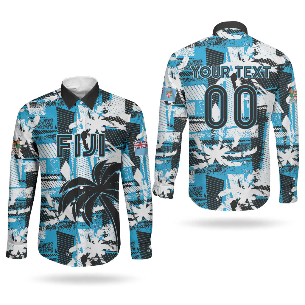 Custom Fijian Rugby Couples Matching Puletasi and Long Sleeve Button Shirt Grunge Palm Stylized LT01 - Polynesian Pride