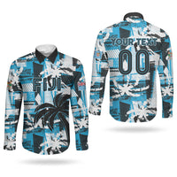 Custom Fijian Rugby Couples Matching Puletasi and Long Sleeve Button Shirt Grunge Palm Stylized LT01 - Polynesian Pride