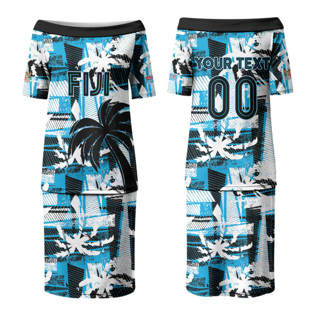 Custom Fijian Rugby Couples Matching Puletasi and Long Sleeve Button Shirt Grunge Palm Stylized LT01 - Polynesian Pride
