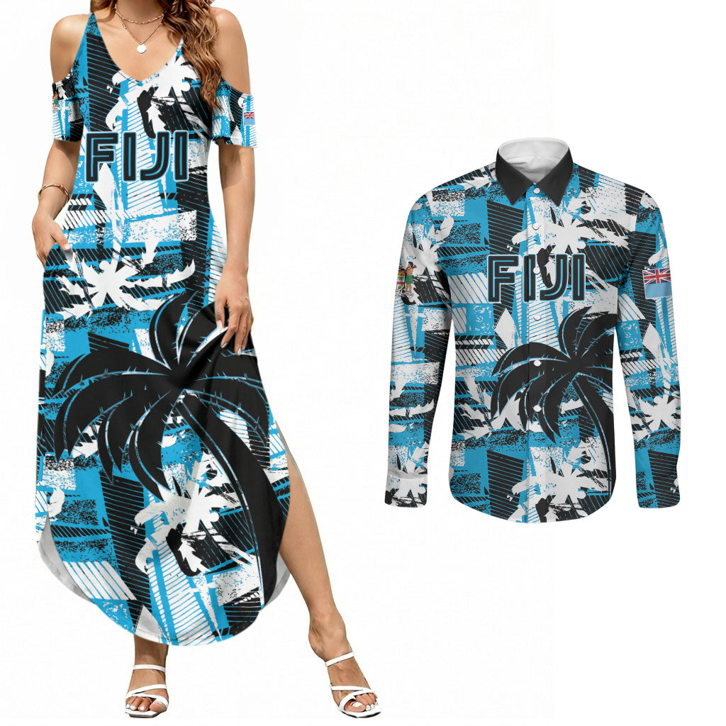 Custom Fijian Rugby Couples Matching Summer Maxi Dress and Long Sleeve Button Shirt Grunge Palm Stylized