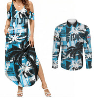 Custom Fijian Rugby Couples Matching Summer Maxi Dress and Long Sleeve Button Shirt Grunge Palm Stylized LT01 Blue - Polynesian Pride
