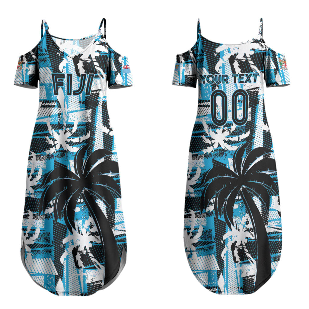 Custom Fijian Rugby Couples Matching Summer Maxi Dress and Long Sleeve Button Shirt Grunge Palm Stylized LT01 - Polynesian Pride
