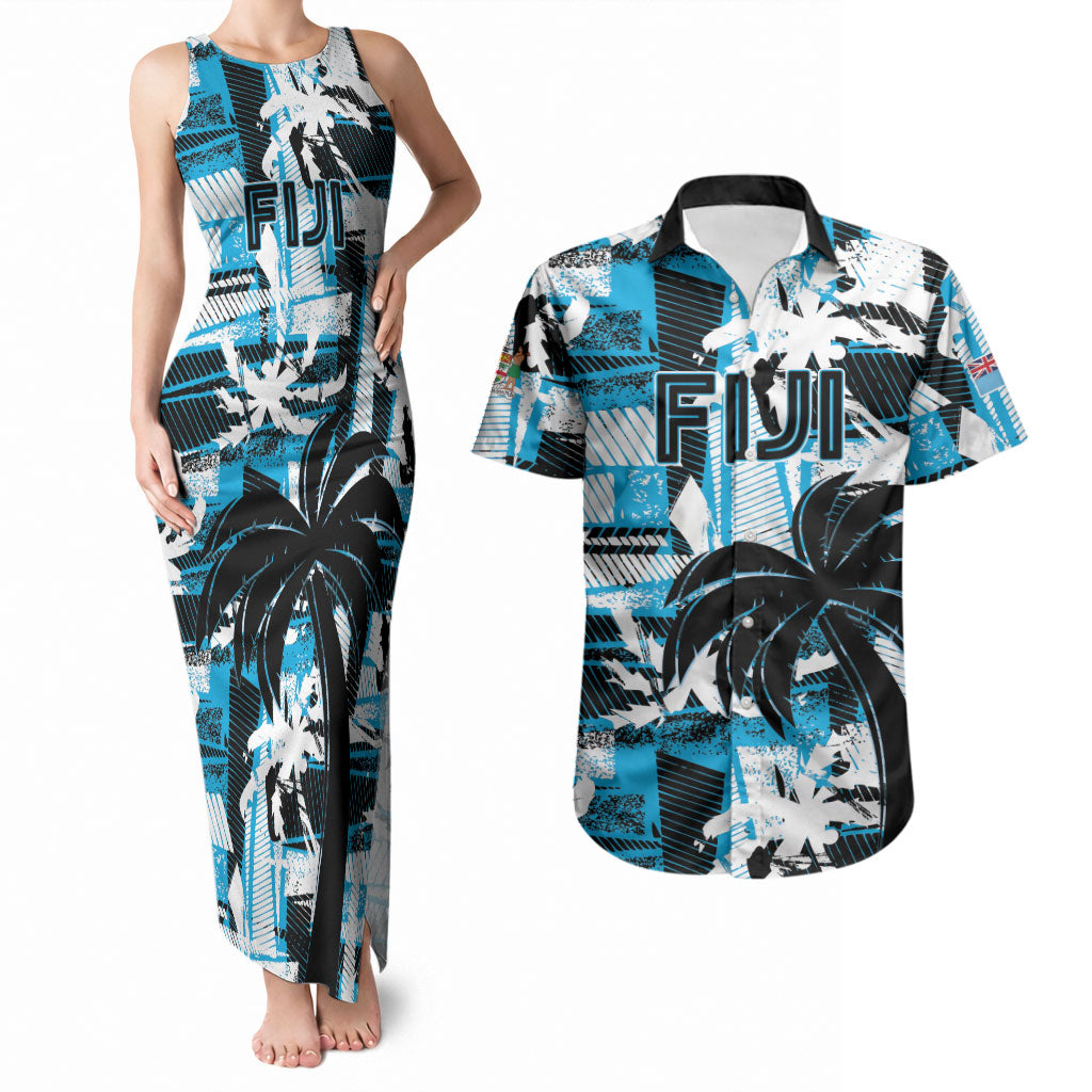 Custom Fijian Rugby Couples Matching Tank Maxi Dress and Hawaiian Shirt Grunge Palm Stylized