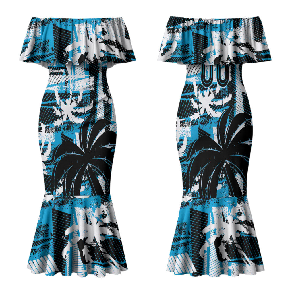 Custom Fijian Rugby Family Matching Mermaid Dress and Hawaiian Shirt Grunge Palm Stylized LT01 Mom's Dress Blue - Polynesian Pride