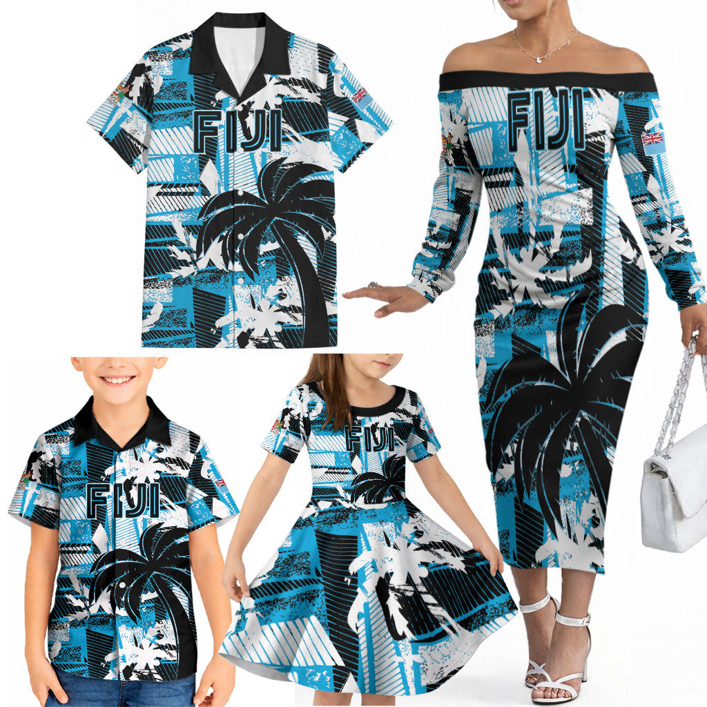 Custom Fijian Rugby Family Matching Off The Shoulder Long Sleeve Dress and Hawaiian Shirt Grunge Palm Stylized LT01 - Polynesian Pride