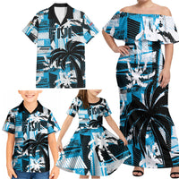 Custom Fijian Rugby Family Matching Off Shoulder Maxi Dress and Hawaiian Shirt Grunge Palm Stylized LT01 - Polynesian Pride
