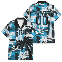 Custom Fijian Rugby Family Matching Off Shoulder Maxi Dress and Hawaiian Shirt Grunge Palm Stylized LT01 Dad's Shirt - Short Sleeve Blue - Polynesian Pride