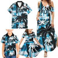 Custom Fijian Rugby Family Matching Summer Maxi Dress and Hawaiian Shirt Grunge Palm Stylized LT01 - Polynesian Pride