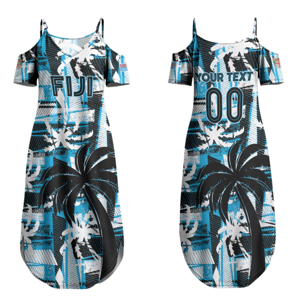 Custom Fijian Rugby Family Matching Summer Maxi Dress and Hawaiian Shirt Grunge Palm Stylized LT01 Mom's Dress Blue - Polynesian Pride