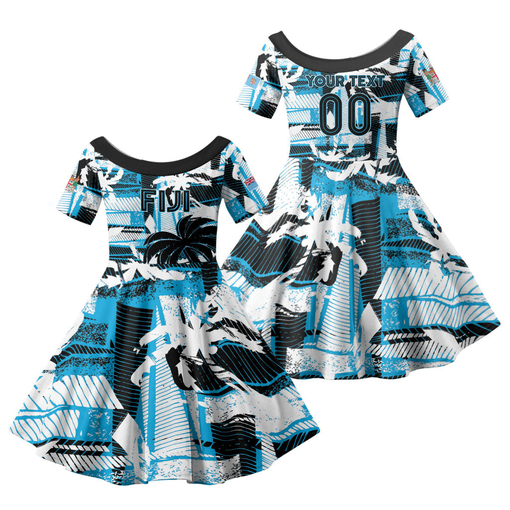 Custom Fijian Rugby Family Matching Summer Maxi Dress and Hawaiian Shirt Grunge Palm Stylized LT01 Daughter's Dress Blue - Polynesian Pride