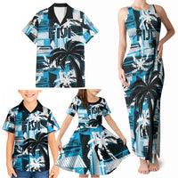 Custom Fijian Rugby Family Matching Tank Maxi Dress and Hawaiian Shirt Grunge Palm Stylized LT01 - Polynesian Pride