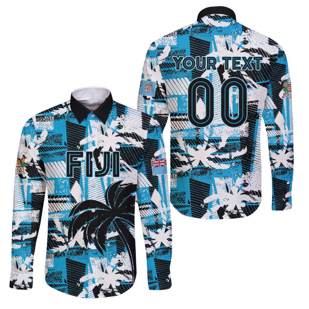 Custom Fijian Rugby Family Matching Tank Maxi Dress and Hawaiian Shirt Grunge Palm Stylized LT01 Dad's Shirt - Long Sleeve Blue - Polynesian Pride