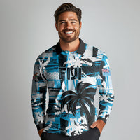 Custom Fijian Rugby Long Sleeve Polo Shirt Grunge Palm Stylized LT01 - Polynesian Pride