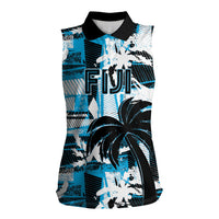 Custom Fijian Rugby Women Sleeveless Polo Shirt Grunge Palm Stylized LT01 Female Blue - Polynesian Pride