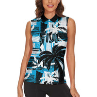 Custom Fijian Rugby Women Sleeveless Polo Shirt Grunge Palm Stylized LT01 - Polynesian Pride