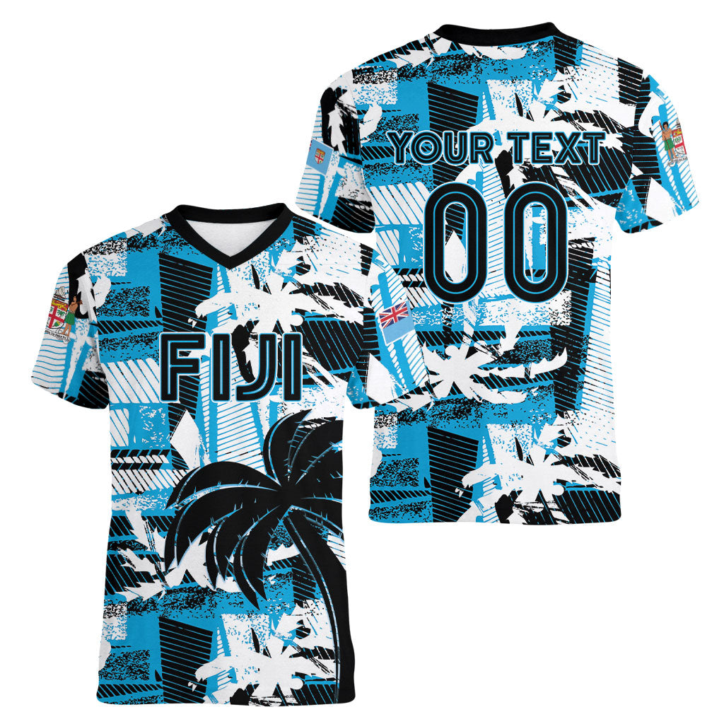 Custom Fijian Rugby Women V-Neck T-Shirt Grunge Palm Stylized LT01 - Polynesian Pride