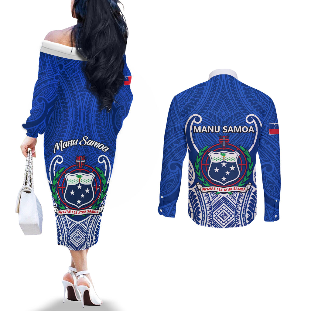 Samoa Rugby Couples Matching Off The Shoulder Long Sleeve Dress and Long Sleeve Button Shirts Manu Samoa Go 2023 World Cup LT01 - Polynesian Pride