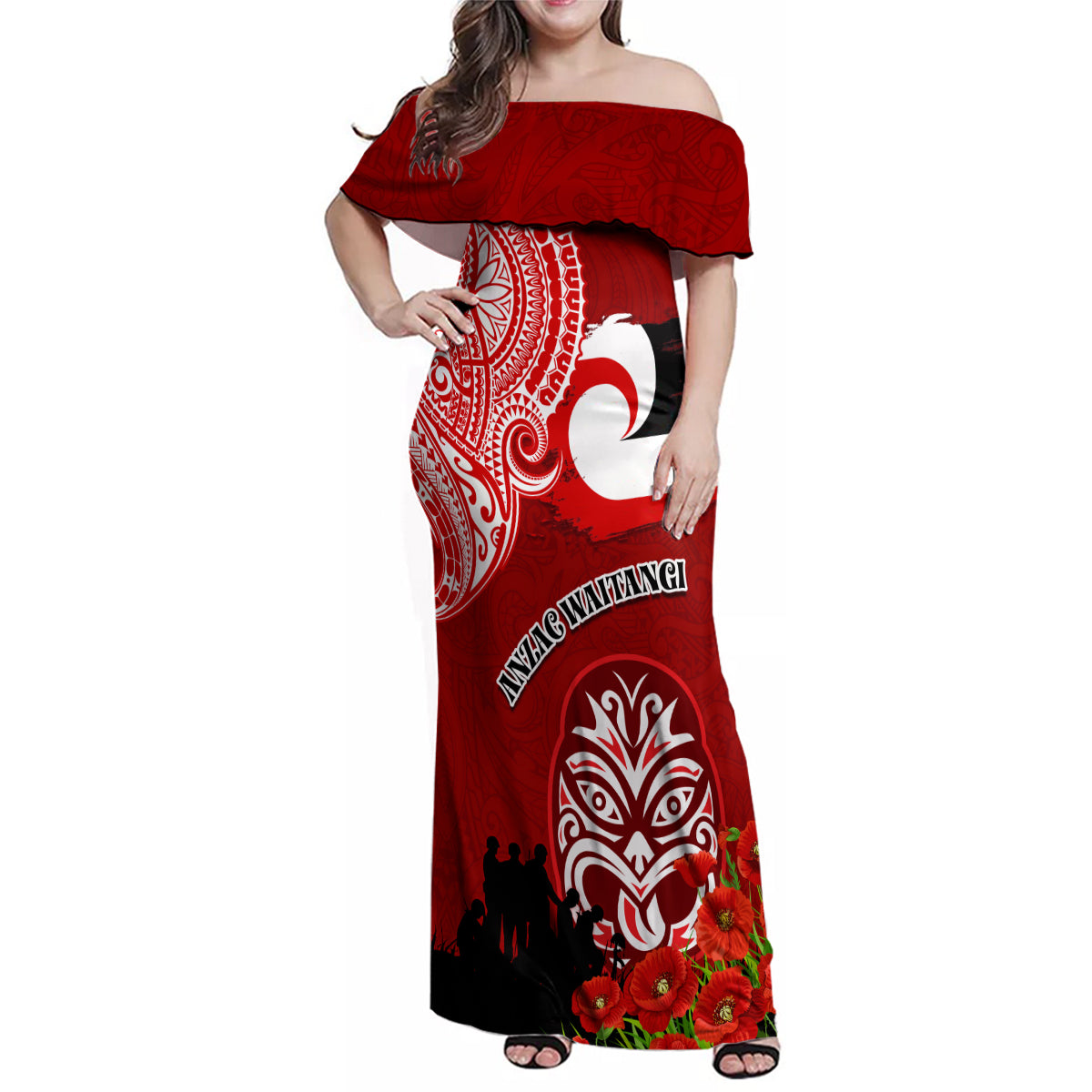 New Zealand ANZAC Waitangi Day Family Matching Off Shoulder Maxi Dress and Hawaiian Shirt Lest We Forget Soldier Tiki Maori Style LT03 Mom's Dress Red - Polynesian Pride