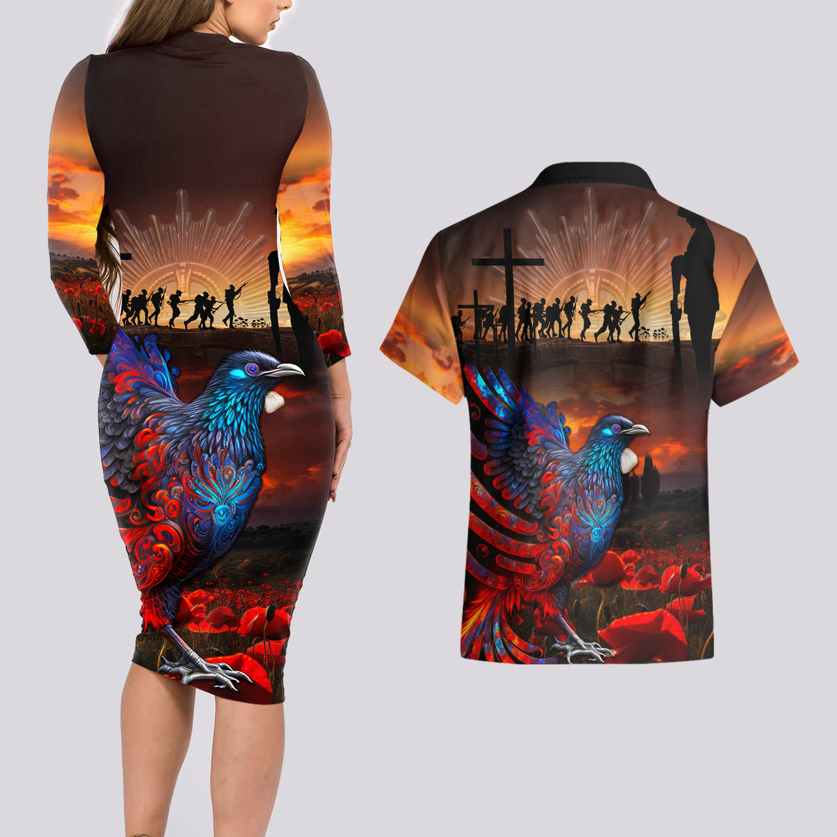 New Zealand Tui Bird Soldier ANZAC Couples Matching Long Sleeve Bodycon Dress and Hawaiian Shirt Lest We Forget LT03 - Polynesian Pride