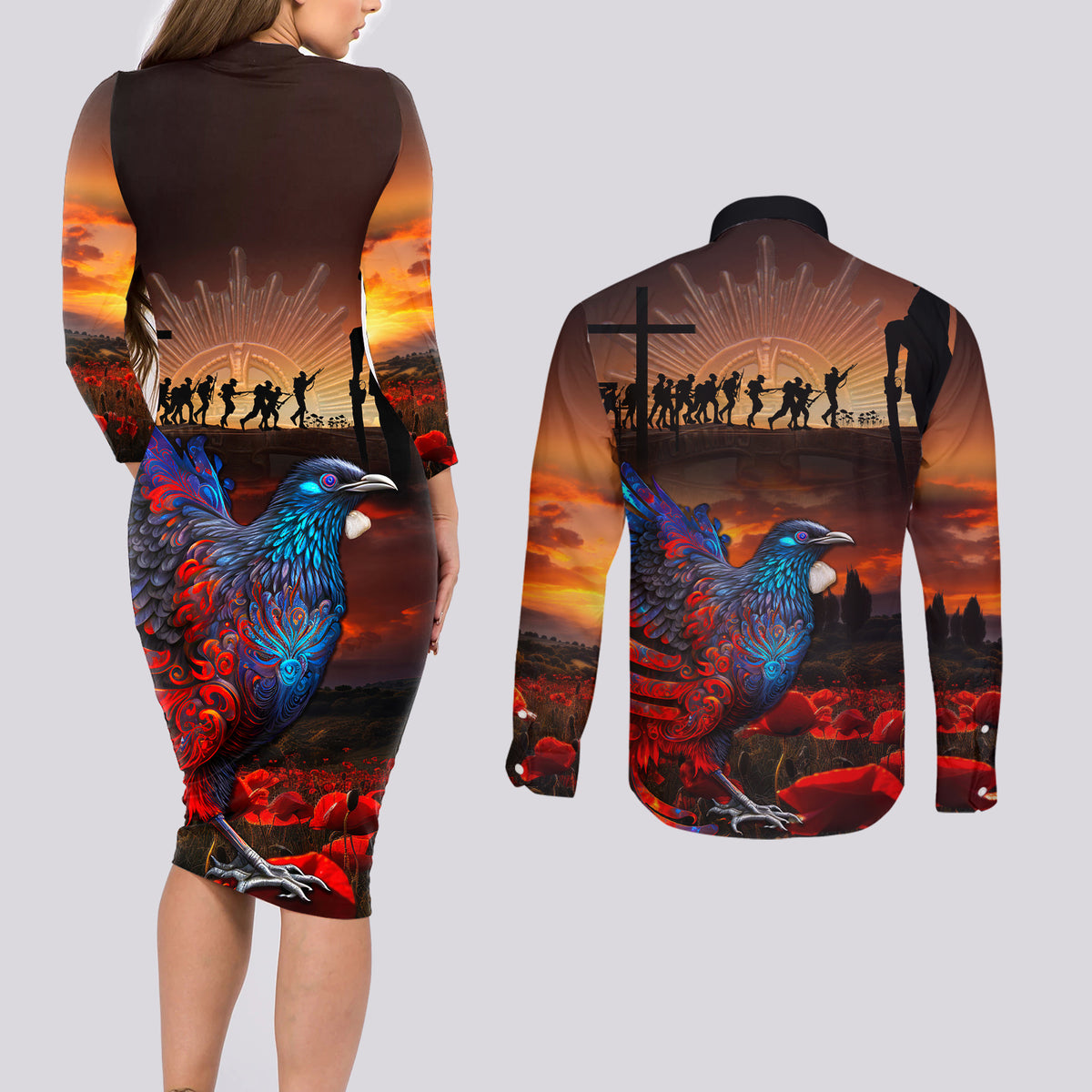 New Zealand Tui Bird Soldier ANZAC Couples Matching Long Sleeve Bodycon Dress and Long Sleeve Button Shirt Lest We Forget LT03 - Polynesian Pride