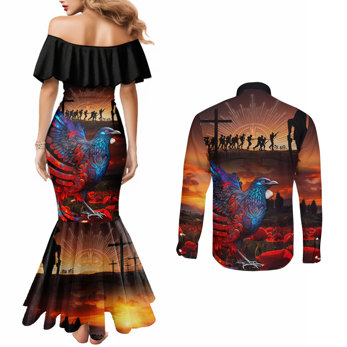New Zealand Tui Bird Soldier ANZAC Couples Matching Mermaid Dress and Long Sleeve Button Shirt Lest We Forget LT03 - Polynesian Pride