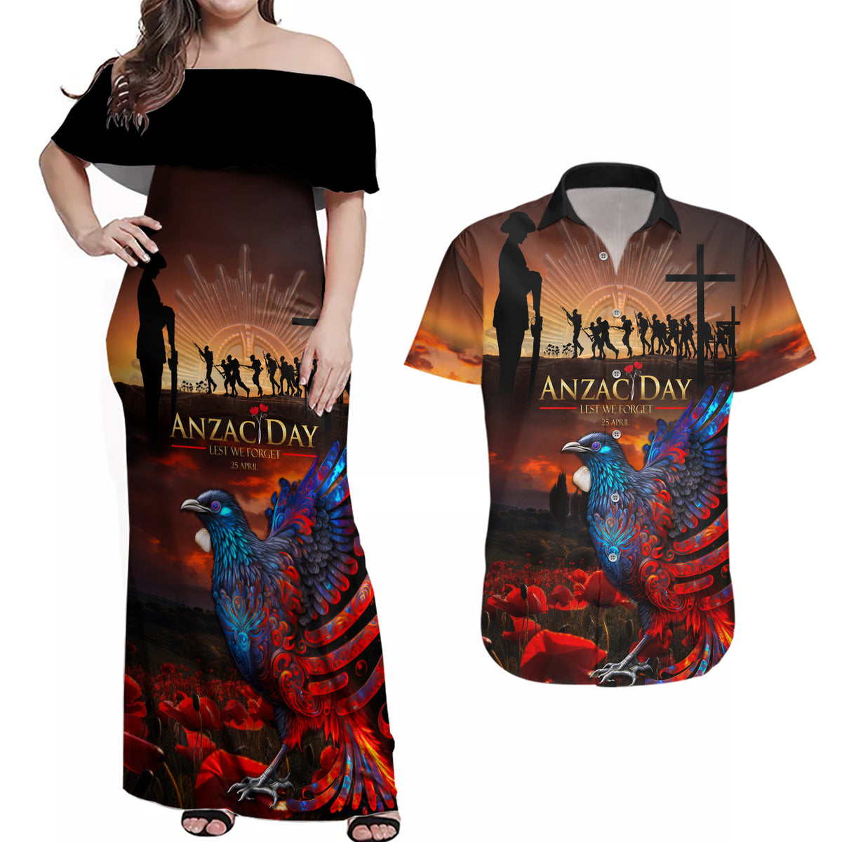 New Zealand Tui Bird Soldier ANZAC Couples Matching Off Shoulder Maxi Dress and Hawaiian Shirt Lest We Forget LT03 Black - Polynesian Pride