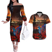 New Zealand Tui Bird Soldier ANZAC Couples Matching Off The Shoulder Long Sleeve Dress and Hawaiian Shirt Lest We Forget LT03 Black - Polynesian Pride
