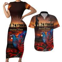 New Zealand Tui Bird Soldier ANZAC Couples Matching Short Sleeve Bodycon Dress and Hawaiian Shirt Lest We Forget LT03 Black - Polynesian Pride
