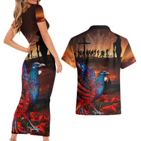 New Zealand Tui Bird Soldier ANZAC Couples Matching Short Sleeve Bodycon Dress and Hawaiian Shirt Lest We Forget LT03 - Polynesian Pride