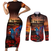 New Zealand Tui Bird Soldier ANZAC Couples Matching Short Sleeve Bodycon Dress and Long Sleeve Button Shirt Lest We Forget LT03 Black - Polynesian Pride
