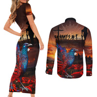 New Zealand Tui Bird Soldier ANZAC Couples Matching Short Sleeve Bodycon Dress and Long Sleeve Button Shirt Lest We Forget LT03 - Polynesian Pride