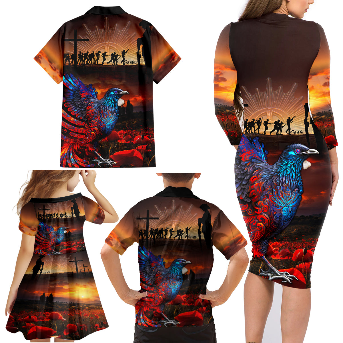 New Zealand Tui Bird Soldier ANZAC Family Matching Long Sleeve Bodycon Dress and Hawaiian Shirt Lest We Forget LT03 - Polynesian Pride