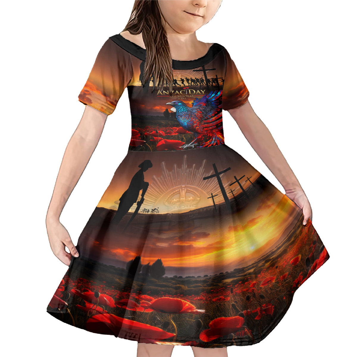 New Zealand Tui Bird Soldier ANZAC Family Matching Mermaid Dress and Hawaiian Shirt Lest We Forget LT03 Daughter's Dress Black - Polynesian Pride