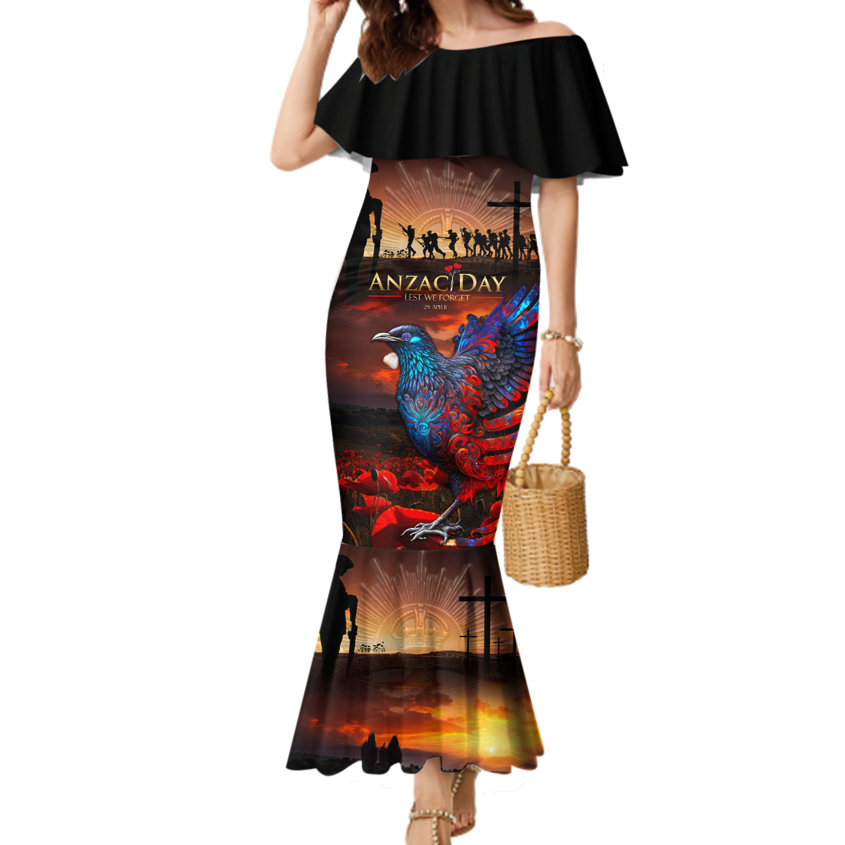 New Zealand Tui Bird Soldier ANZAC Family Matching Mermaid Dress and Hawaiian Shirt Lest We Forget LT03 Mom's Dress Black - Polynesian Pride