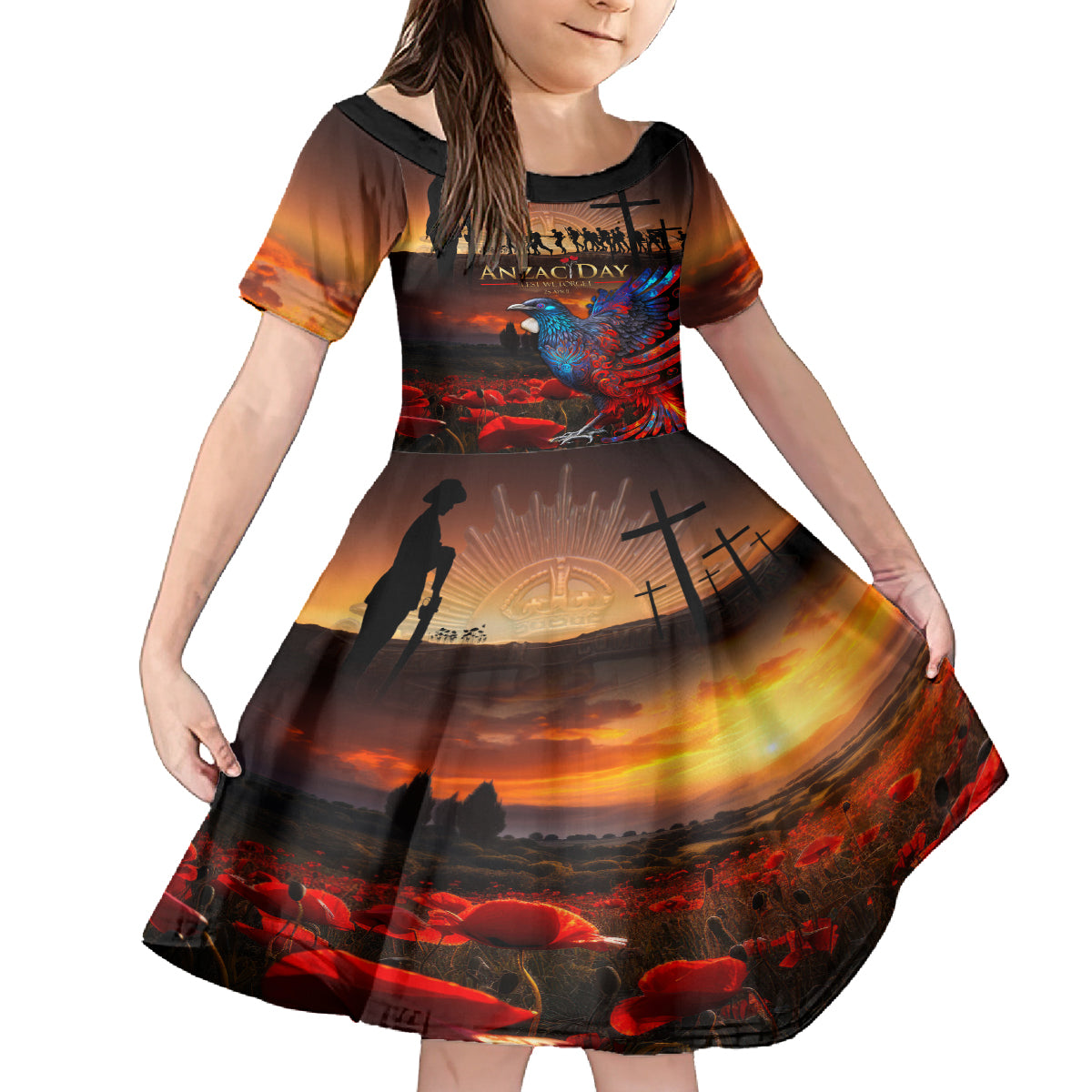 New Zealand Tui Bird Soldier ANZAC Family Matching Off Shoulder Long Sleeve Dress and Hawaiian Shirt Lest We Forget LT03 Daughter's Dress Black - Polynesian Pride