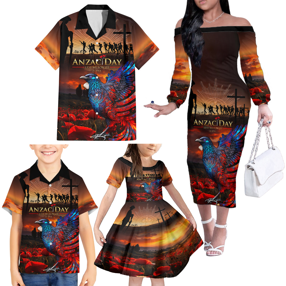 New Zealand Tui Bird Soldier ANZAC Family Matching Off Shoulder Long Sleeve Dress and Hawaiian Shirt Lest We Forget LT03 - Polynesian Pride