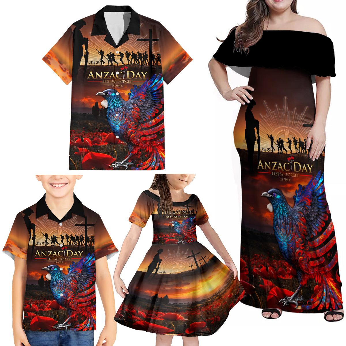 New Zealand Tui Bird Soldier ANZAC Family Matching Off Shoulder Maxi Dress and Hawaiian Shirt Lest We Forget LT03 - Polynesian Pride